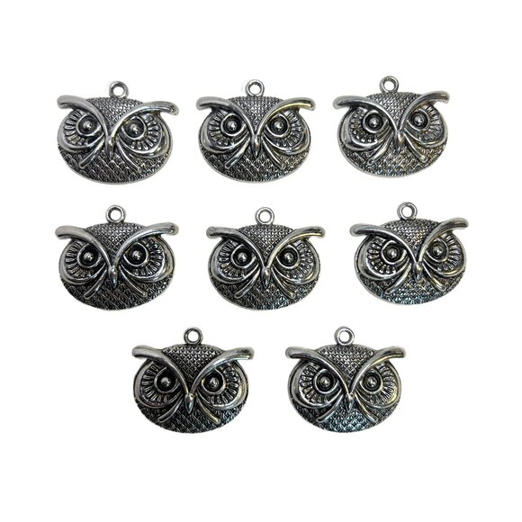 8 Owl Face Charms Pendants Antique Silver Tone Jewelry Making Supplies - Picture 2 of 7